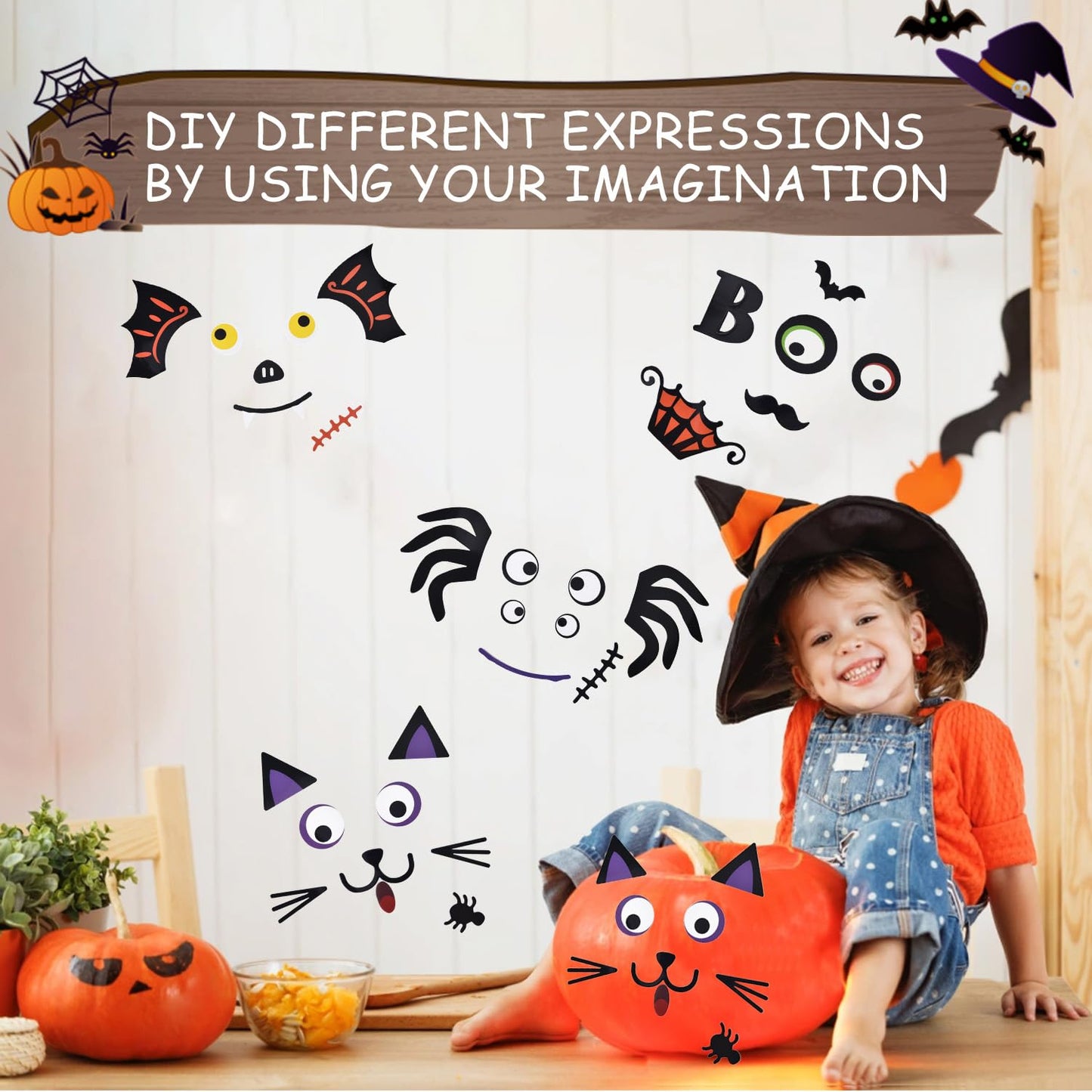16 Packs Foam Pumpkin Decorating Kit - Pumpkin Foam Stickers for Decorating - 4 Style Holiday Decor Kits for Kids Cat, Bat, Spider Craft Stickers