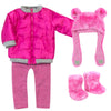 Sophia's 18" Doll 4 pc. Winter Outfit with Hot Pink Nylon Zipped Jacket, Bear Faux Fur Hat and Boots, and Hot Pink and Gray Striped Leggings