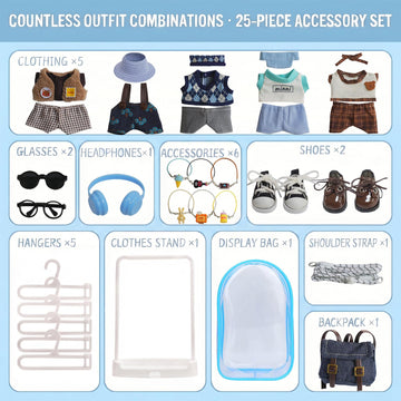 Clothes for Labubu Doll: 25-Piece Clothes & Accessories Set for 17cm/6.7in Dolls - Charm Overalls Casual OutfitsShoes Glasses Backpack Hangers Display