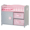 Olivia's Little World Wooden Baby Doll Crib with a Cabinet and Two Cubbies for Doll Accessory Storage Underneath, Pink and Gray and White Polka Dots