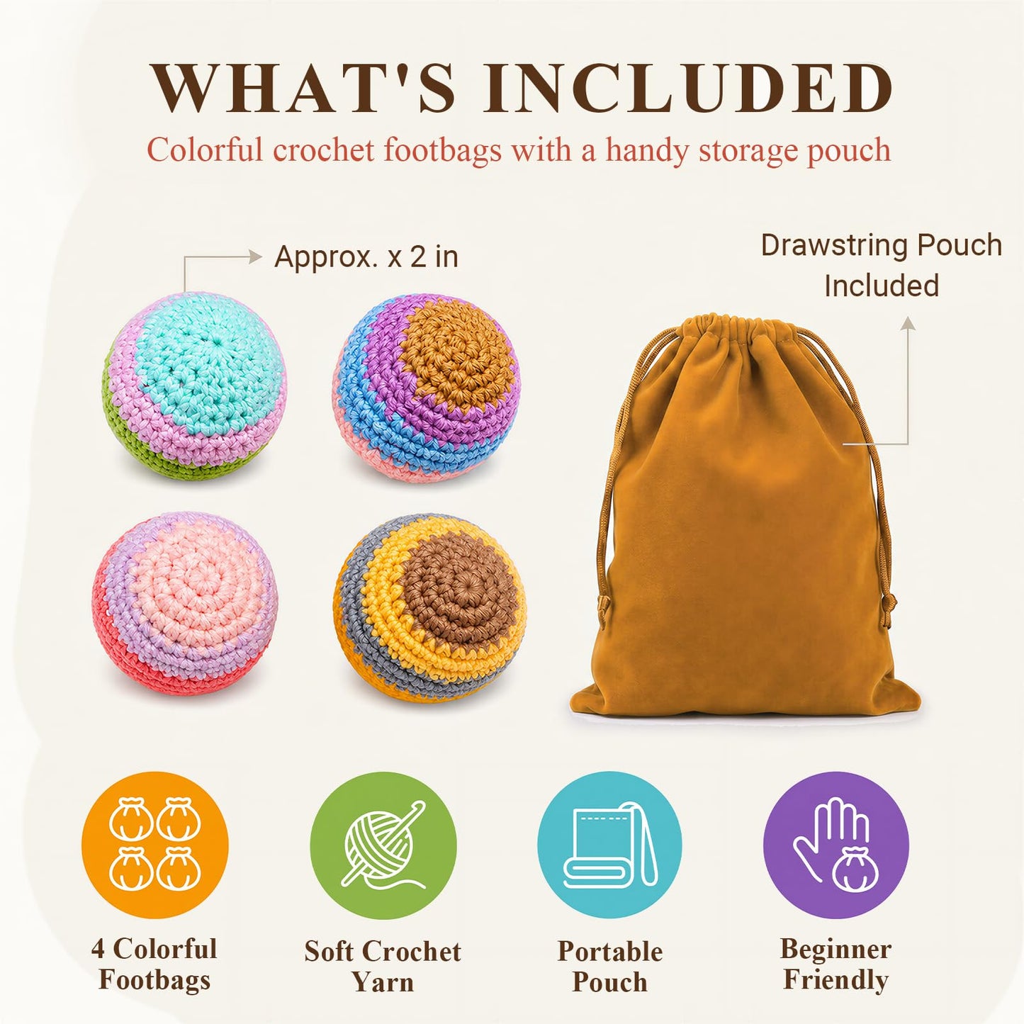 LAVKUHY Hand-Crocheted Footbag 2-Pack - Soft Knitted Kick Sacks for Stress Relief, Office Fidget & Outdoor Games, Includes Travel Pouch, Unique Gift