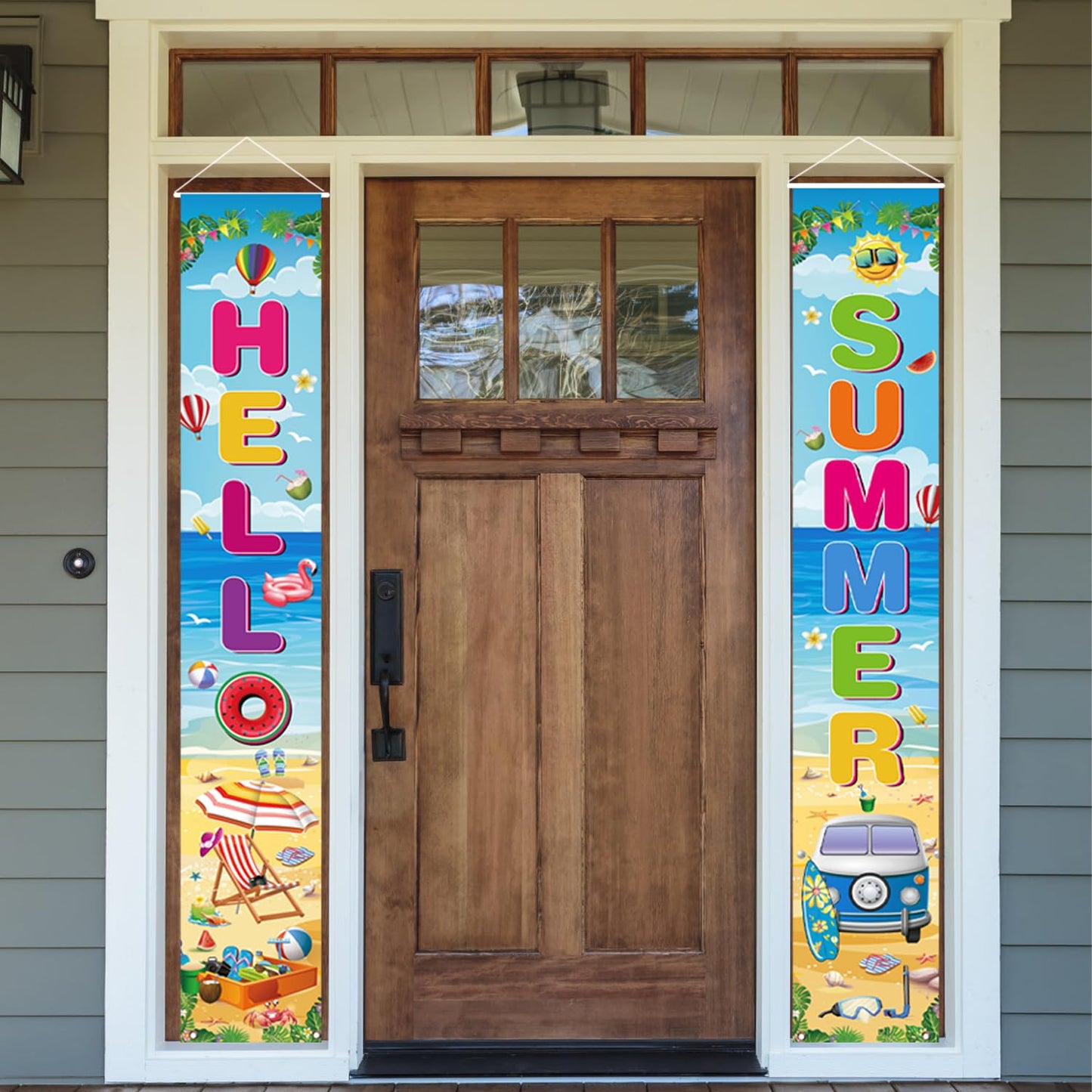 Hello Summer Porch Sign, 2 Pcs Beach Pool Hawaiian Luau Door Banners, 71 x 12 Inch
