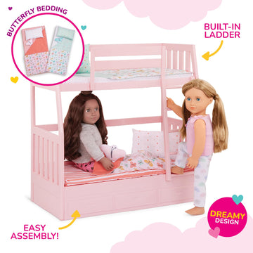 Our Generation - Pink Bunk Bed - Butterfly Themed Bed Set - Accessories for 18 Inch Dolls - Pretend Play - Toys for Kids 3 and Up - Dreams for Two