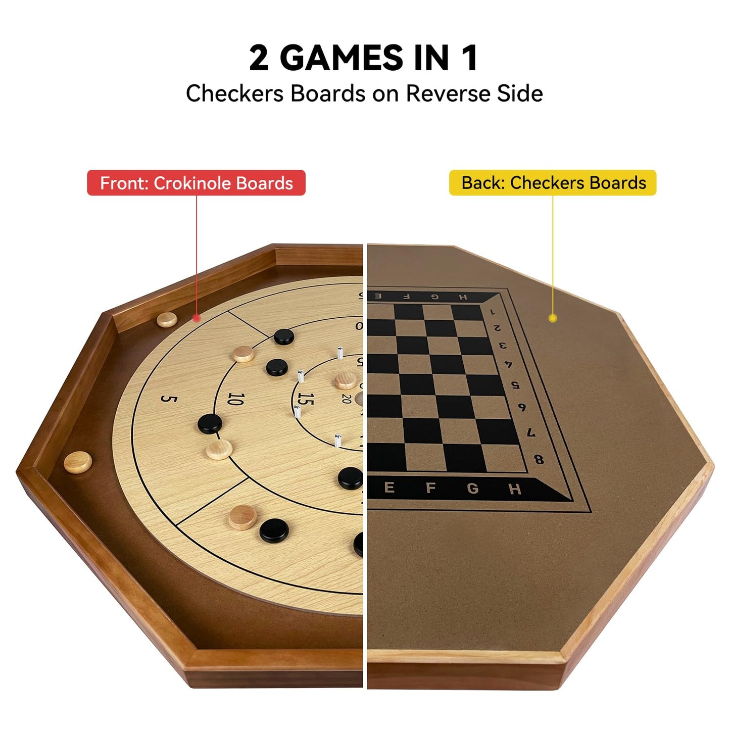 30 Inch Tournament Crokinole Board Game, 2 in 1 Crokinole and Checkers with 26” Playing Surface, Metal Pegs, Wooden Octagon Canadian Tabletop Board