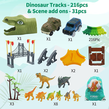IQKidz Dinosaur World Race Track Toys - 216pcs Flexible Track Playset with 1 Dinosaur Car, 1 Race Car, 6 Dino Toys, for Kids 3 4 5 6 Year & Up Old