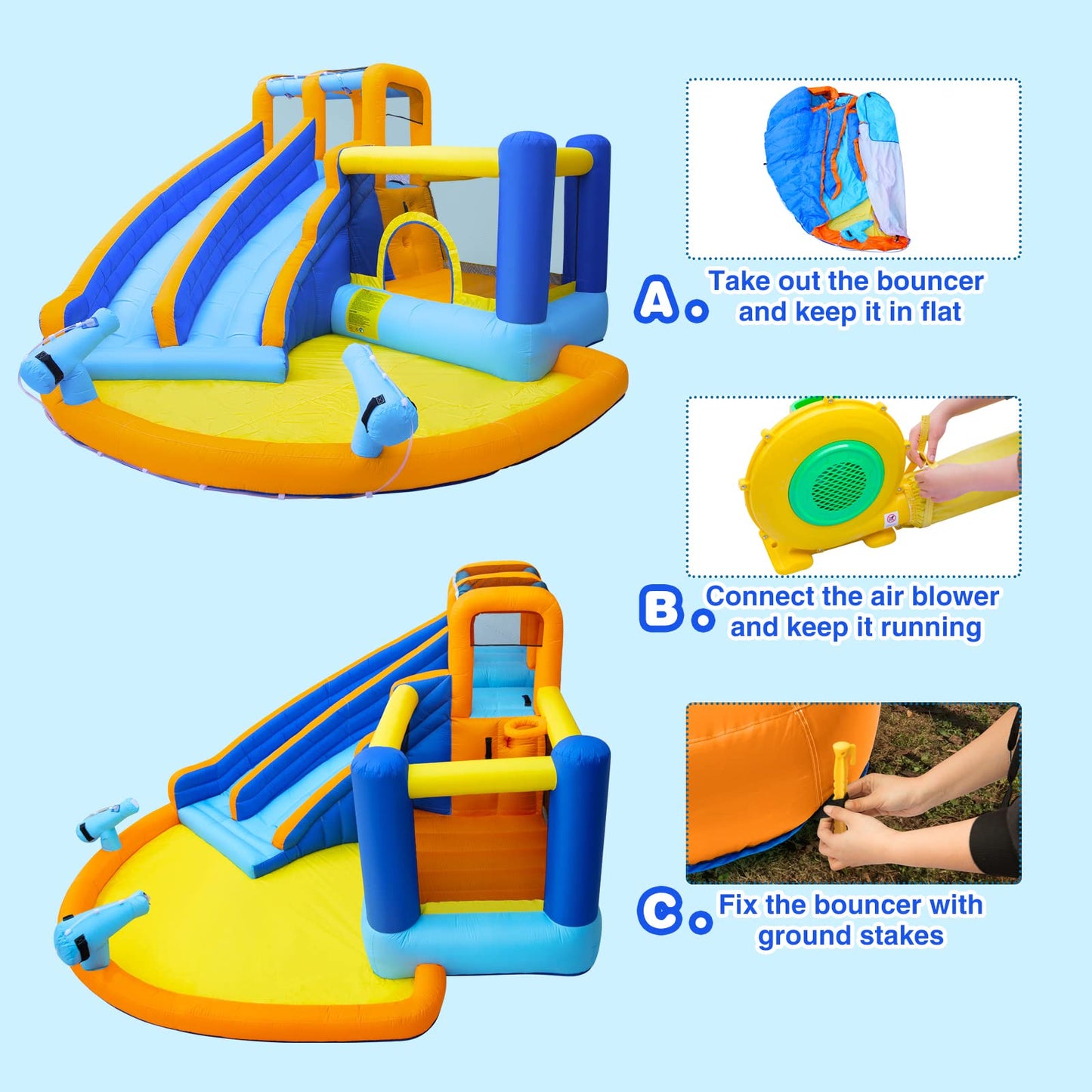 JOYLDIAS Inflatable Water Slide Bounce House,Giant Water Park, Double Slide Bouncer Castle w/Splash Pool, Jump Area, Climbing Wall, 550W Air Blower