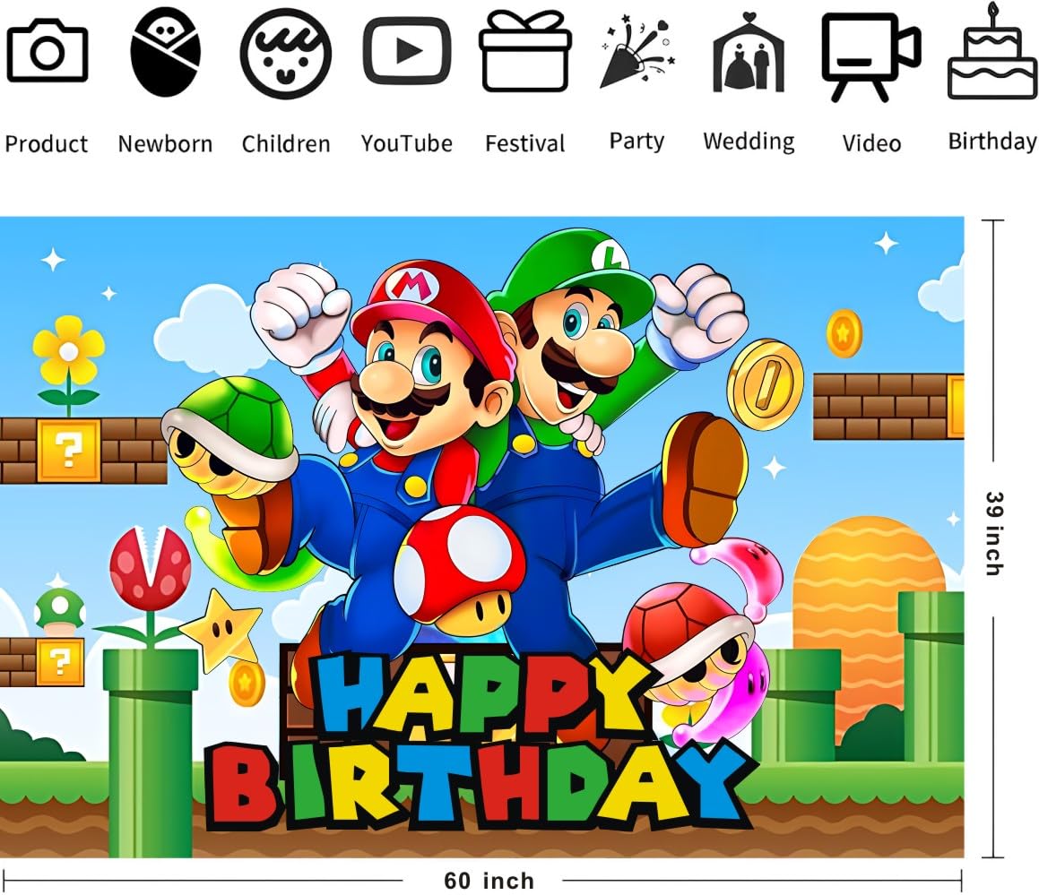 Mario Wall Decor Backdrop for Kids Birthday Decorations, Mario Banner for Birthday Party Supplies (5x3ft)