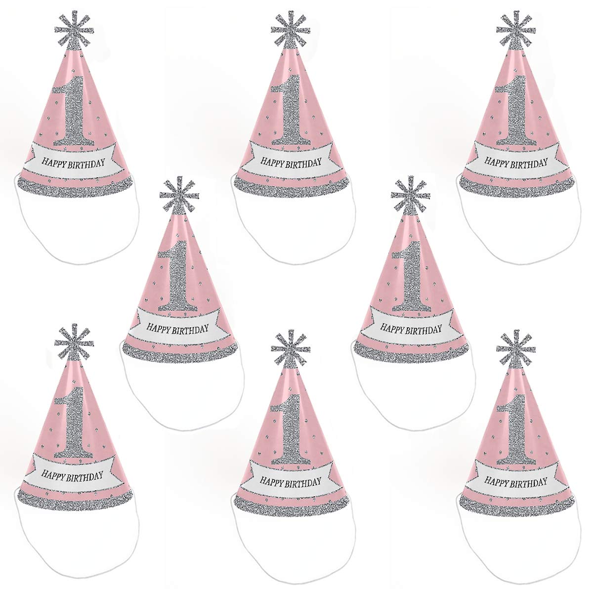 Big Dot of Happiness Pink Onederland - Cone Winter Wonderland Happy Birthday Party Hats for Kids and Adults - Set of 8 (Standard Size)