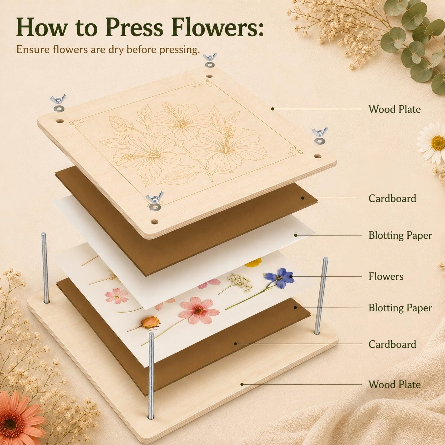 MeRGBWLife Flower Press - 11"x11" Wooden 10 Layer Flower Press Kit for Crafts Pressed Flowers & Plant Press, Scrapbooking, Bookmark Making, Wedding