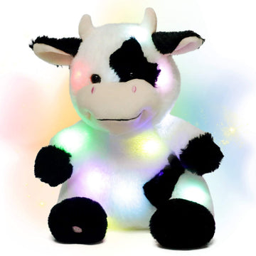 Hopearl LED Plush Cow Lighting Up Stuffed Animal Diary Cattle Floppy Night Lights Glow in The Dark Birthday Festival for Kids Toddler Girls, 13''