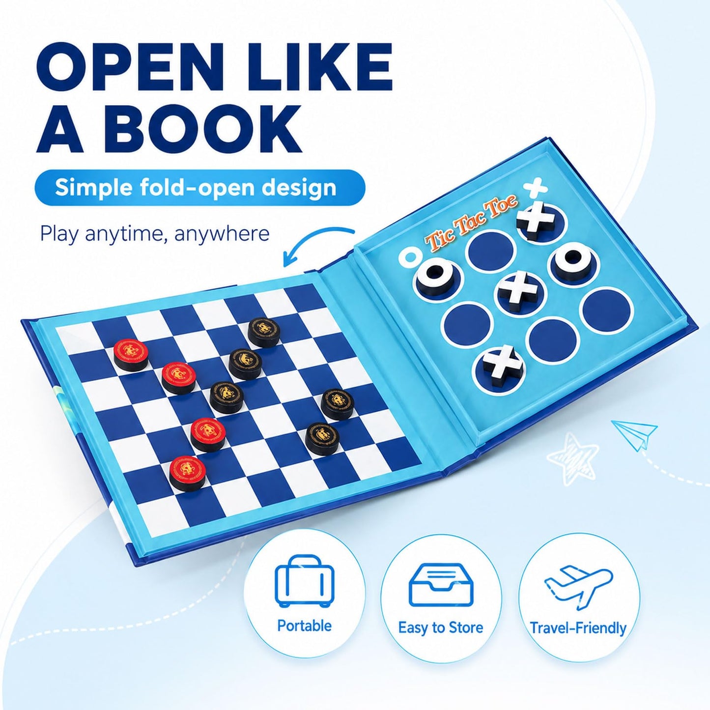 2-in-1 Travel Checkers and Tic Tac Toe Game for Kids Ages 8-12, Magnetic Checkers Board Game, Foldable Road Trip and Plane Activities