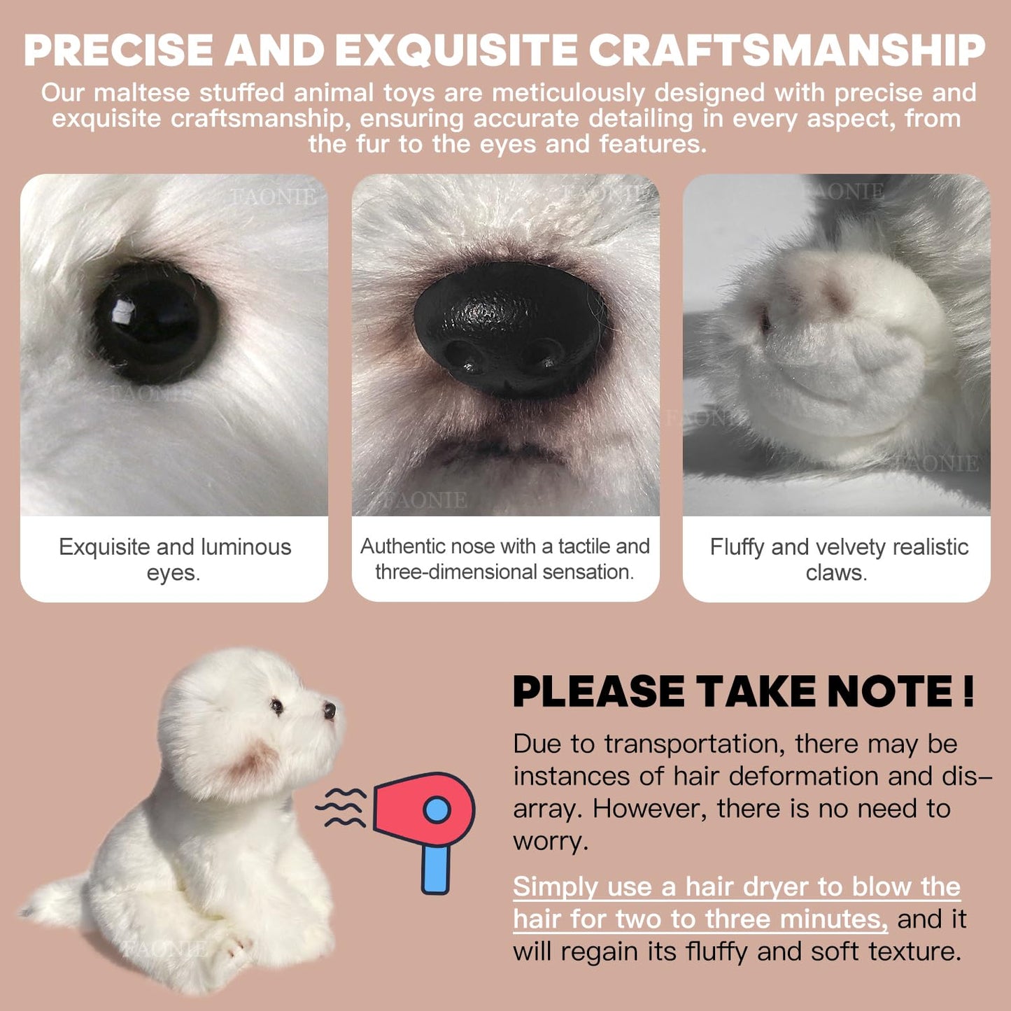 FAONIE Realistic Plush Maltese Dog, Stuffed Animal Puppy Dog Toys, For Kids Adult Birthday, White, 14inch