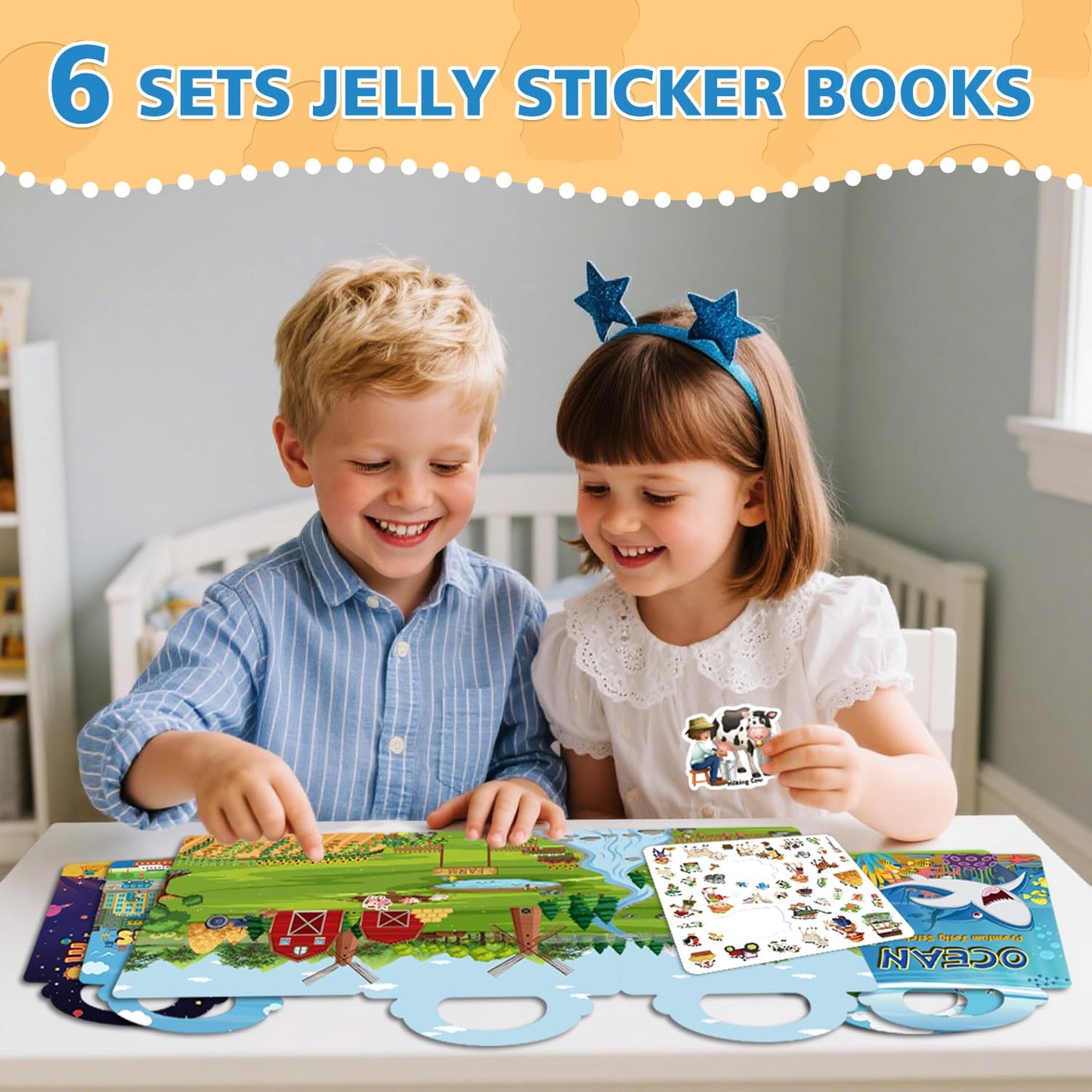 CREATIVETREES 6 Sets Reusable Sticker Book for Toddlers 3-6, Jelly Sticker Books for Toddler, Travel Sticker Activity Toys for Kids 3 4 5 6 Years Old