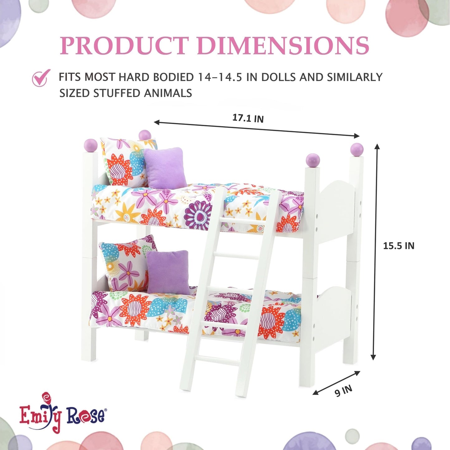 Emily Rose 14 Inch Doll Bunk Bed Set - Stackable Wooden Furniture with Bedding & Ladder - Compatible with American Girl Wellie Wishers and Glitter