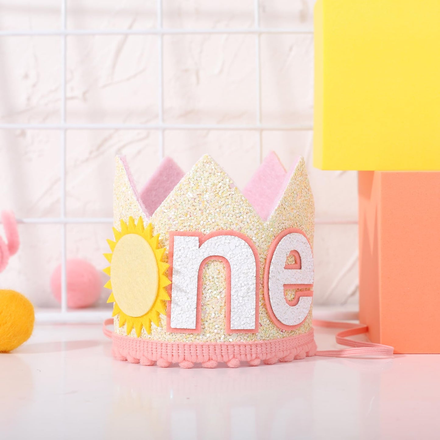 YOUAME Sunshine One Birthday Crown - Pink and Yellow Headwear for Toddlers' First Birthday, Sun Themed Party Decor, You Are My Sunshine Crown