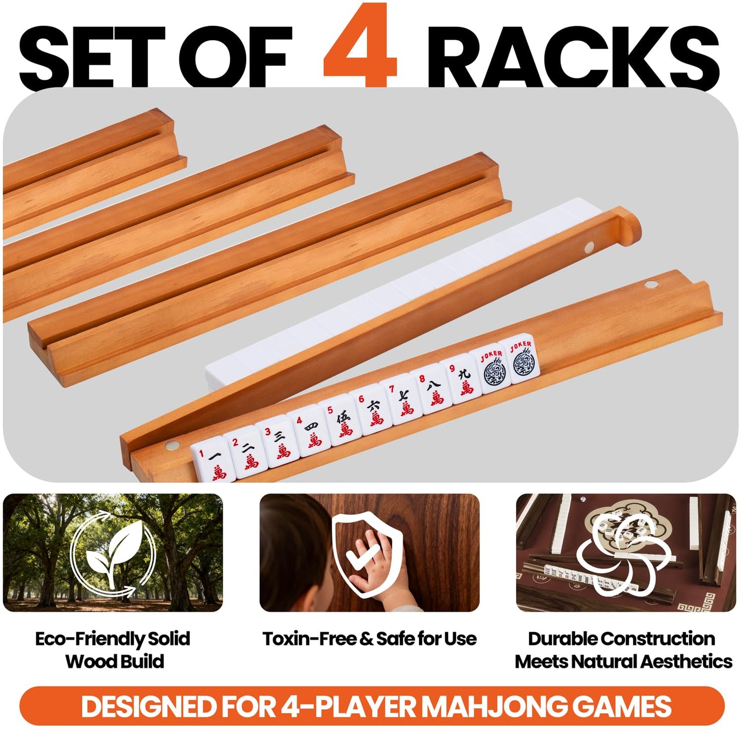 MUTEX American Cherry Wood Mahjong Racks with Pushers, 4pcs Mahjong Racks Set for Mahjong/Mexican Train/Dominoes, Elegant Wooden Mahjong Tiles Racks