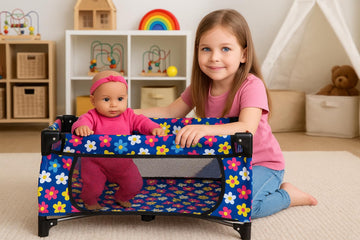 Baby Doll Crib Set, Toy Pack n Play Bassinet Blanket & Carry Bag for Baby Doll Playpen Fits up to 20" Doll | Allows for Easy Compact Folding