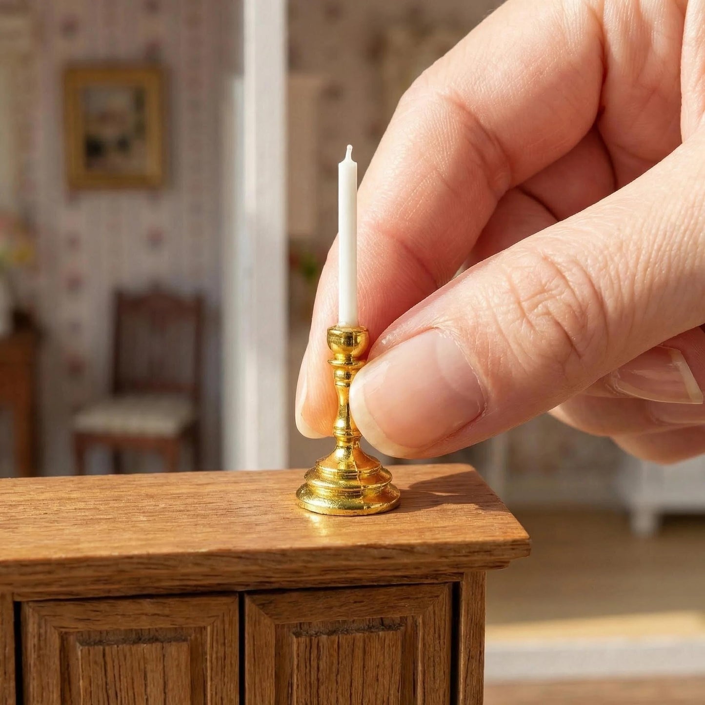 3PCS Vintage Miniature Candlesticks Set 1:12 Scale Metal Base Candle Holder for Miniature Room DIY Miniature Scene, or Desktop Display (Golden)