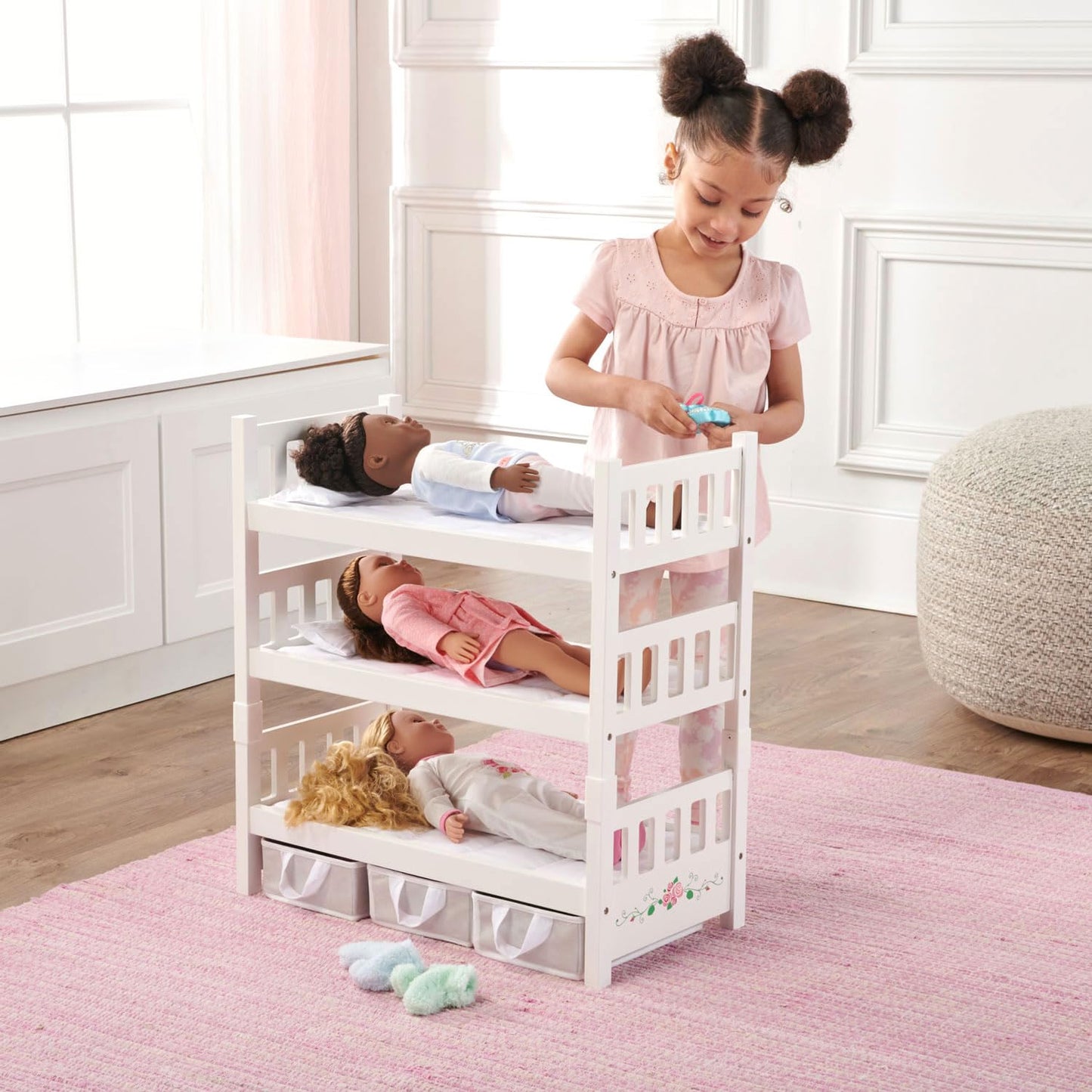 Badger Basket 1-2-3 Convertible Doll Bunk Bed with Bedding and Storage Baskets - Elegant White and Rose Design for 18 to 20-Inch Dolls