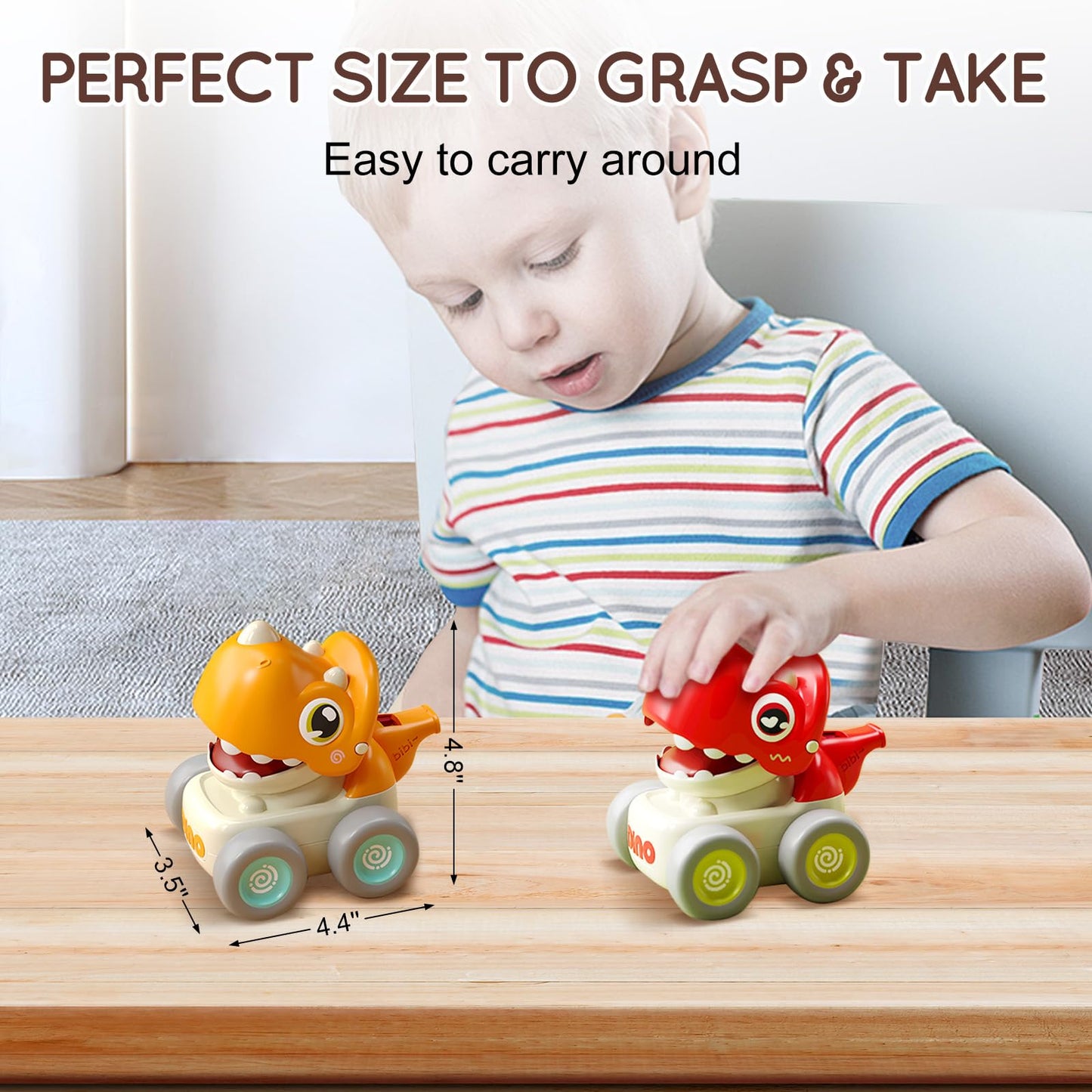 TnLoji Dinosaur Racing Cars for Toddlers 1-3, Baby Press and Go Car Toys, Infant Play Vehicle Set with Whistle, Baby Push Go Friction Car Toys