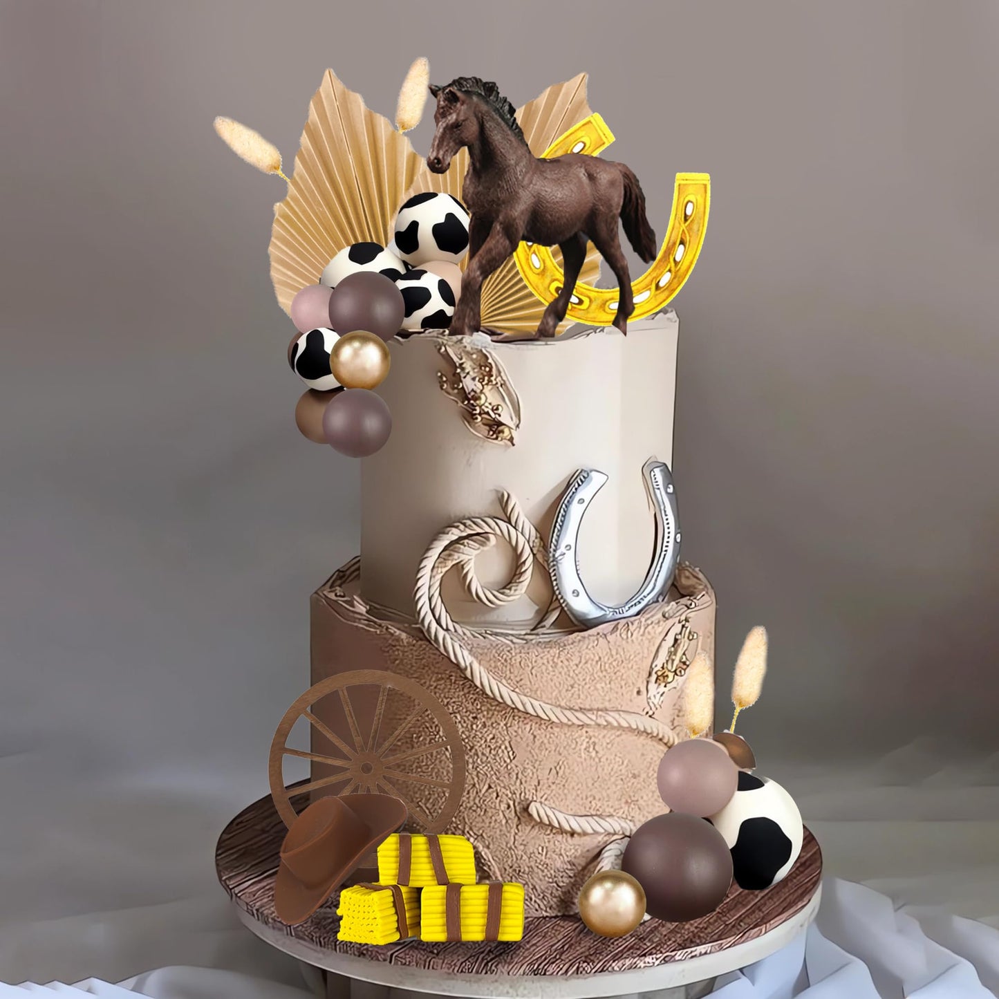 Western Cake Topper Brown Ball Horse Cake Decorations Cow Hat for Western Theme Party Horse Theme Decoration Supplies