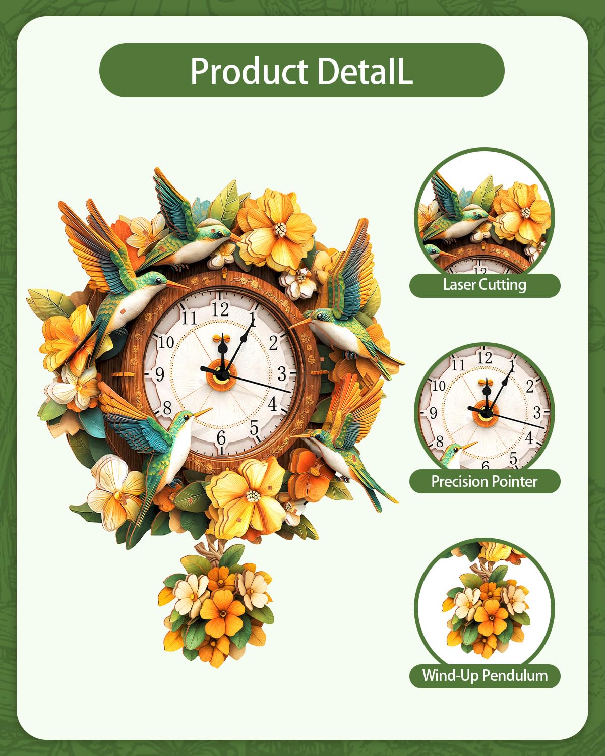 Rnfinewow 3D Wooden Puzzles for Adults, Hummingbird Clock with Pendulum Model Kit, 3D Puzzles for Adults Room Home Decor DIY Wall Clock Kit, Holiday