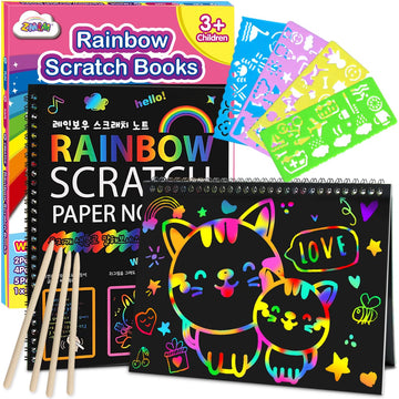 ZMLM Scratch Paper Art-Crafts Gift: 2 Pack Rainbow Notebooks Supplies Toys Easter Basket Stuffers for 3 4 5 6 7 8 9 10 Years Old Girls and Boys Kids
