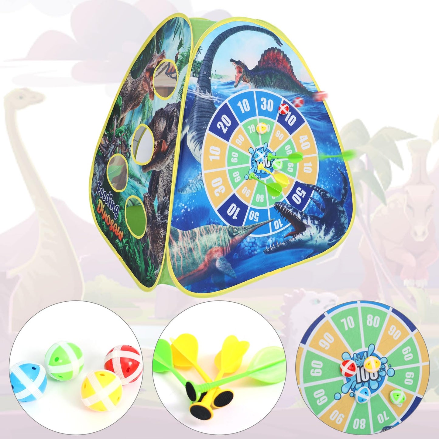 Dinosaur Kids Play Tent Indoor: Boys & Girls Playhouse Tents Indoor Outdoor - 4in1 Dinosaur Tent with-Dart Board & Bean Bag Toss Games