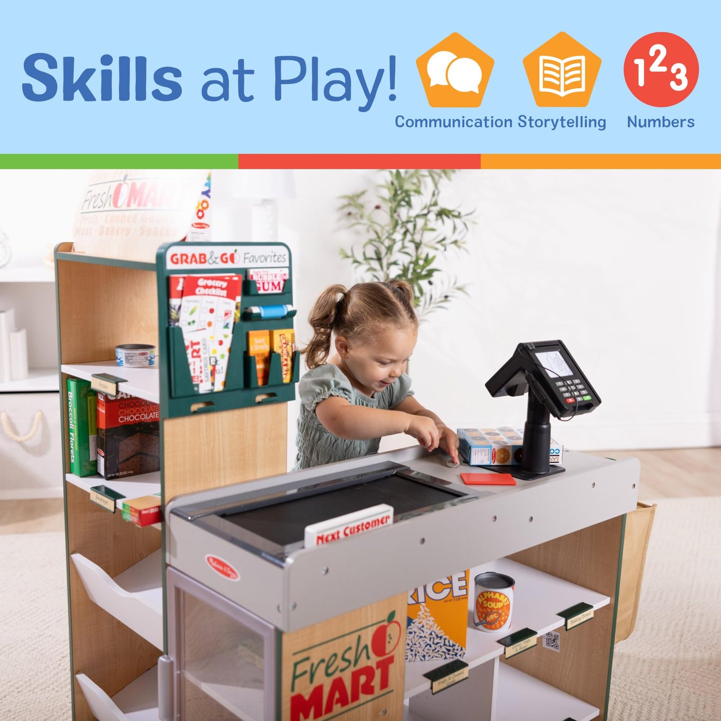 Melissa & Doug, Fresh Mart Pretend Grocery Store, Kids Cash Register with Scanner, Shelves, & Conveyor Belt, Kids Toys for Girls & Boys