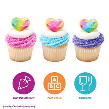 DECOPAC Rainbow Prism Heart Cupcake Rings, Cake Toppers, Multicolored Food Safe Decorations For Parties- 24 Pack