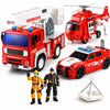 Fire Rescue Toy Set for Kids Ages 3+ - Friction Powered Fire Truck, Rescue Helicopter, Fire Chef Car & 2 Firefighter Figures with Lights & Sounds