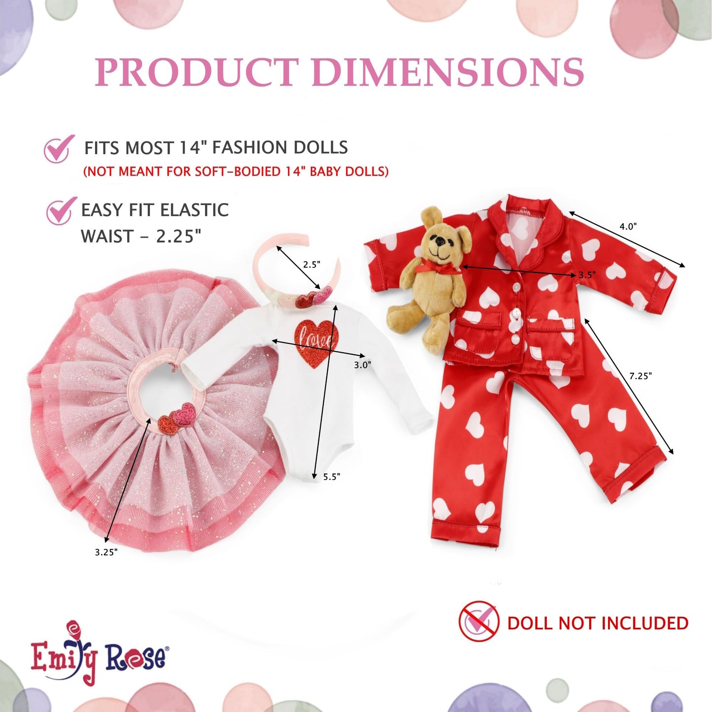 Emily Rose 14 Inch Fashion Doll Clothes - 6-PC Red/White Clothing Bundle. Including Tutu Set & PJ Pajamas Gift Set with Teddy Bear - USA Business