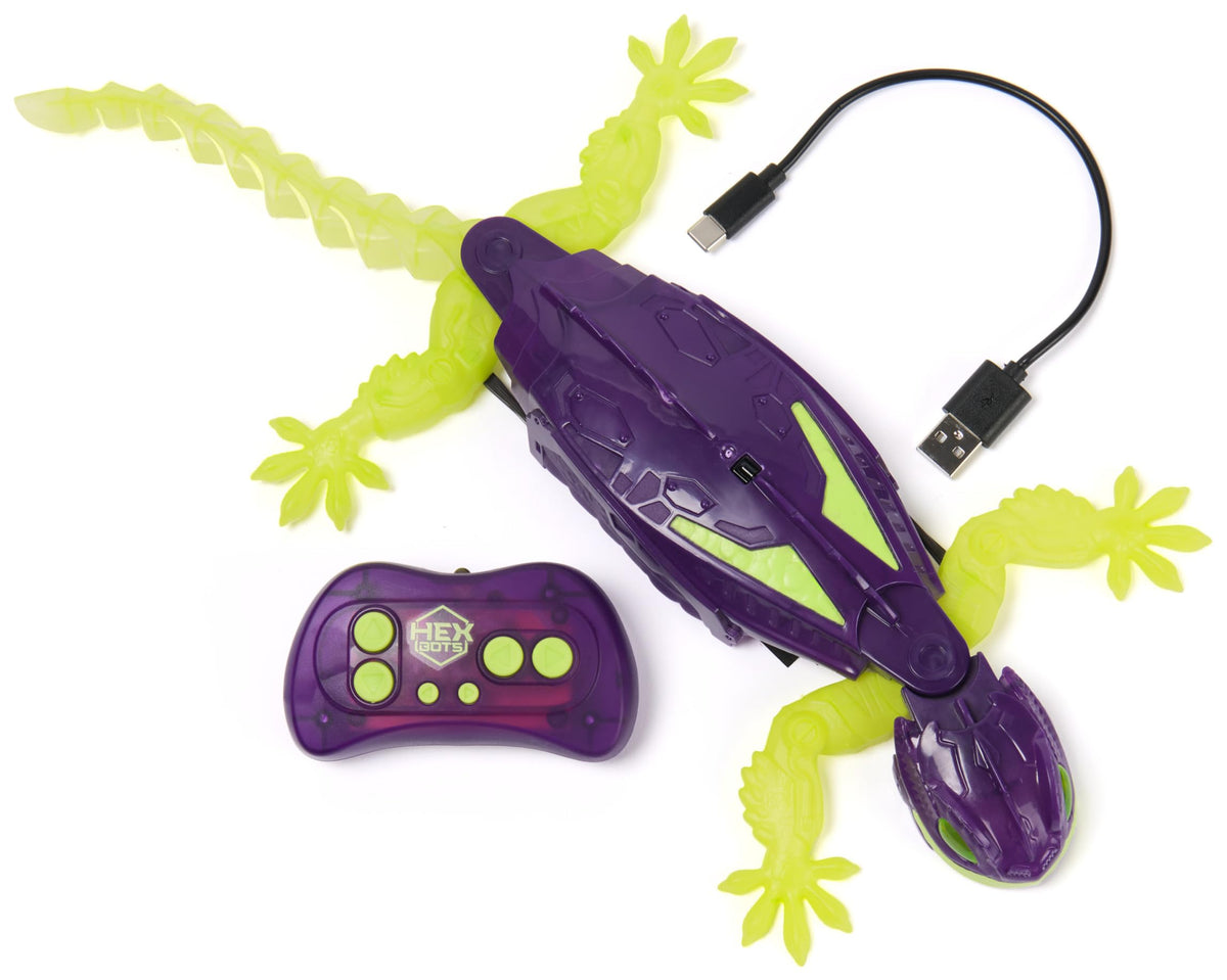HEX Bots - Glow-in-the-Dark Radio-Controlled Gecko that crawls on the Floor and Walls - Remote Controlled Lizard with Luminous Eyes - Easy Control
