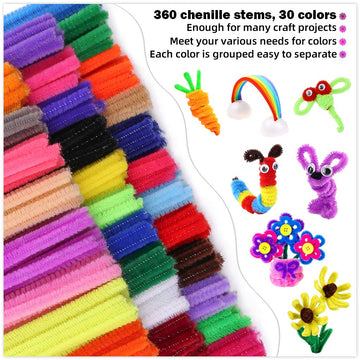 Pipe Cleaners Craft Chenille Stems, 360 Pieces 30 Assorted Colors for Crafting DIY Arts Projects Decorations, 6mm x 12inch Fuzzy Colored Chenille Stem