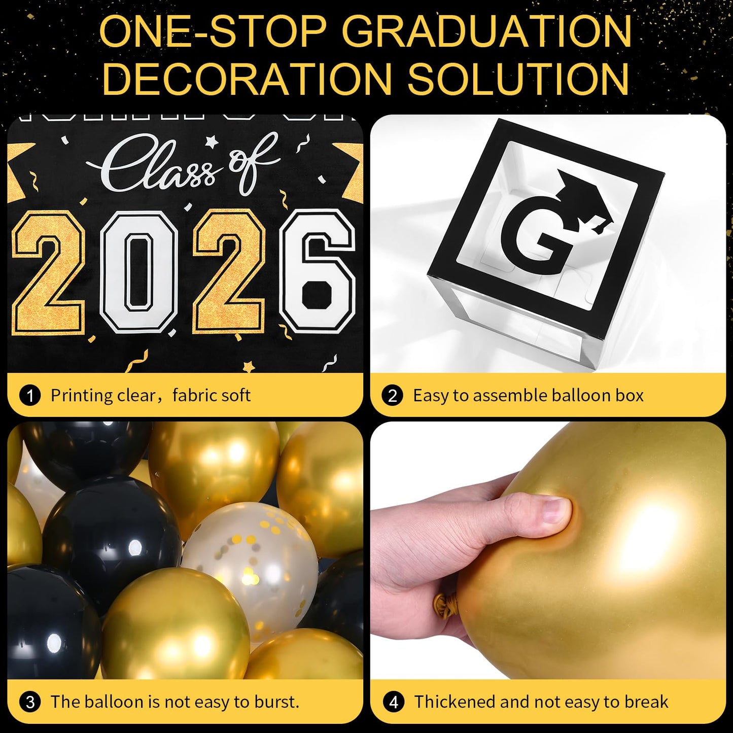 Picoway Graduation Decorations Class of 2026 ,Black and Gold Graduation Party Decorations include 4 Pcs Balloons Boxes with Letters, 110 Pcs Balloon