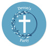 Big Dot of Happiness - Personalized Blue Elegant Cross - Custom Boy Religious Party Favor Circle Sticker Labels - Custom Text - 24 Count