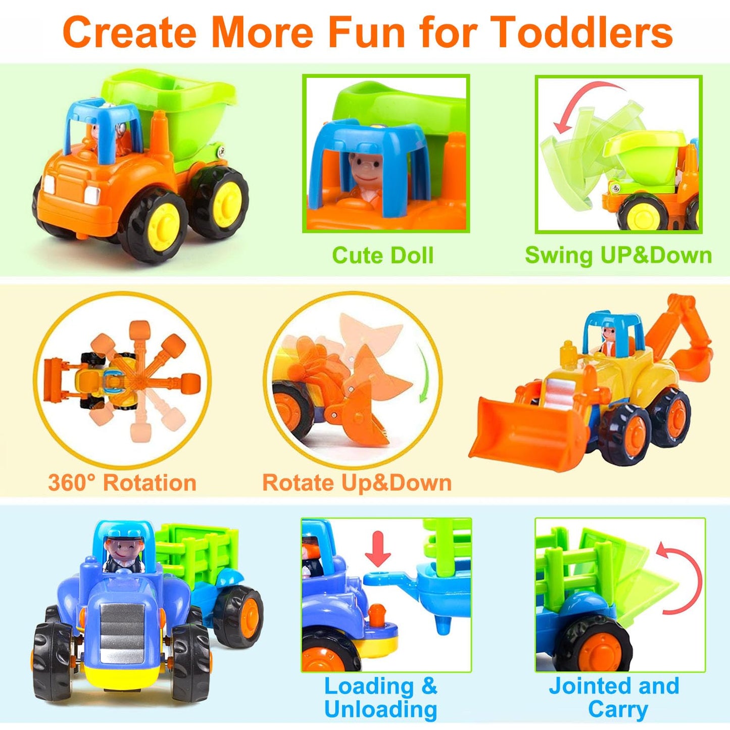 Yiosion Push and Go Friction Powered Cars Construction Vehicles Toy Set Tractor Bulldozer Mixer Truck Dumper for 1 2 3 Year Old Baby Toddlers Boys