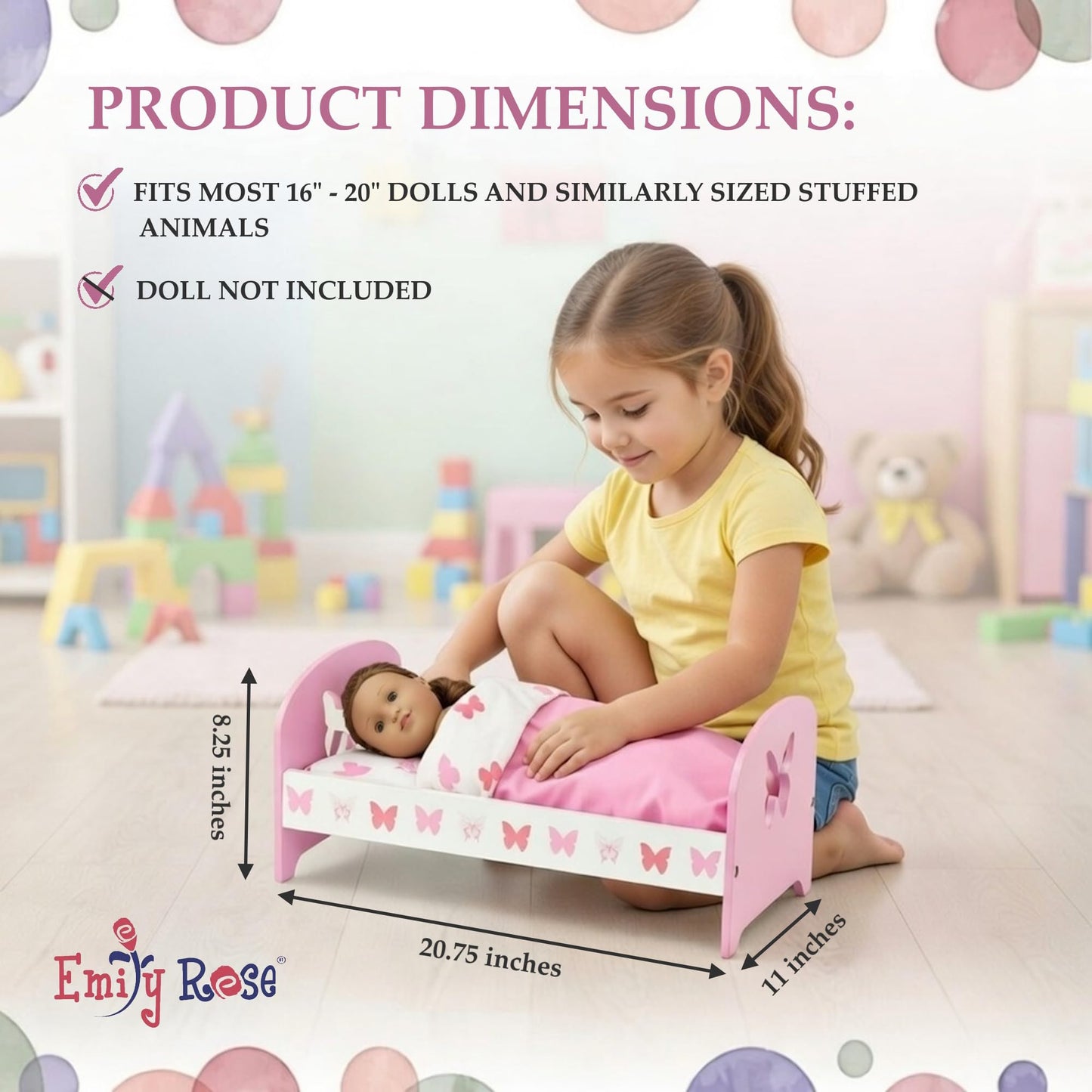 Emily Rose 18 Inch Doll Bed w/Reversible Bedding & Matching 2PC Pajamas