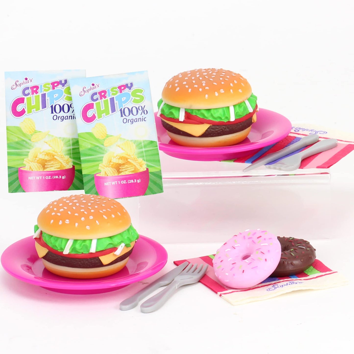 Sophia's 18" Doll 17 pc. Burgers for Two with Service Ware, Doughnuts, and Bags of Chips