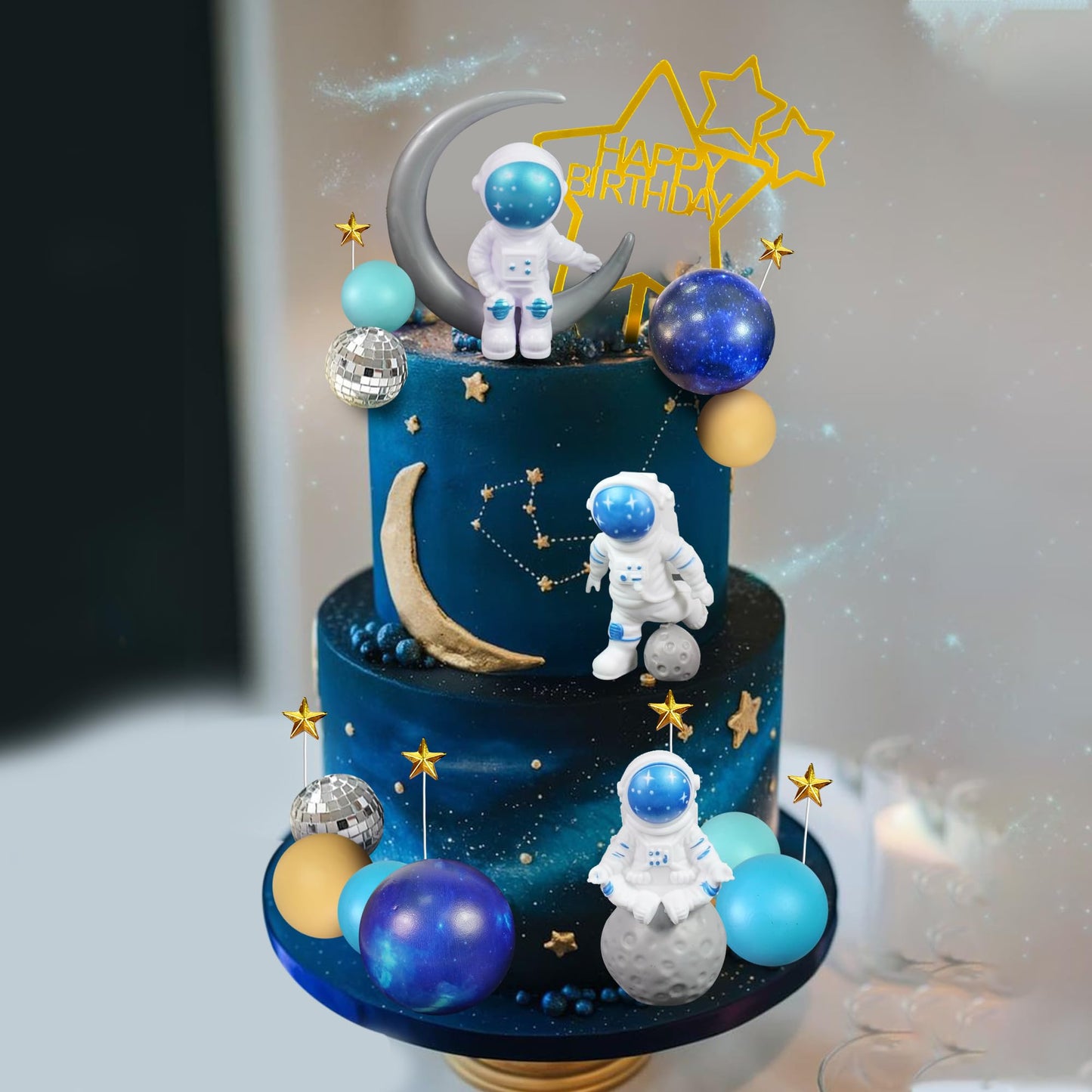 Space Cake Toppers Outer Space Cake Decorations with Balls Stars Astronauts Figurines Planets for Outer Space Theme Birthday