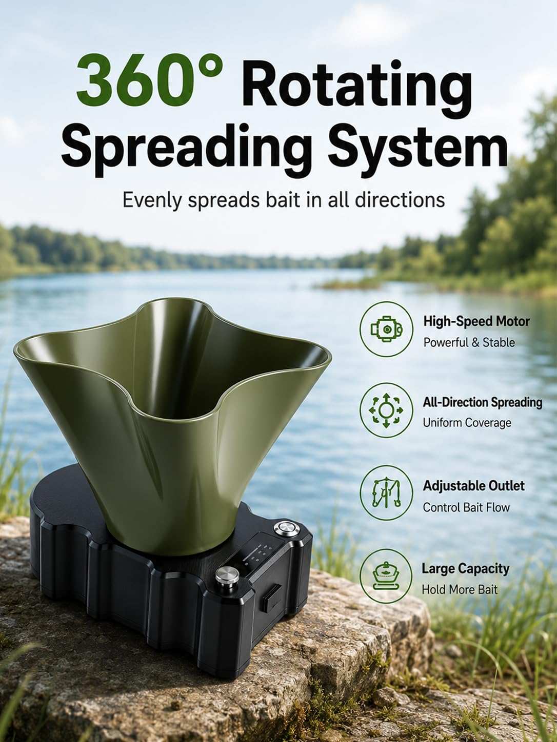 GAOSONOVA 360° Rotating Bait Spreader Attachment for RC Bait Boat Upgrade, 20-26 ft Coverage Automatic Bait Thrower System for Lake Freshwater Carp