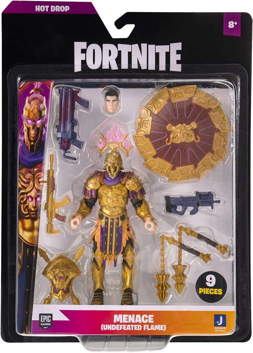 Jazwares FORTNITE Hot Drop Series Menace (Undefeated Flame), 4-inch Articulated Figure with Harvesting Tool, Back Bling, Head, Weapons and Glider