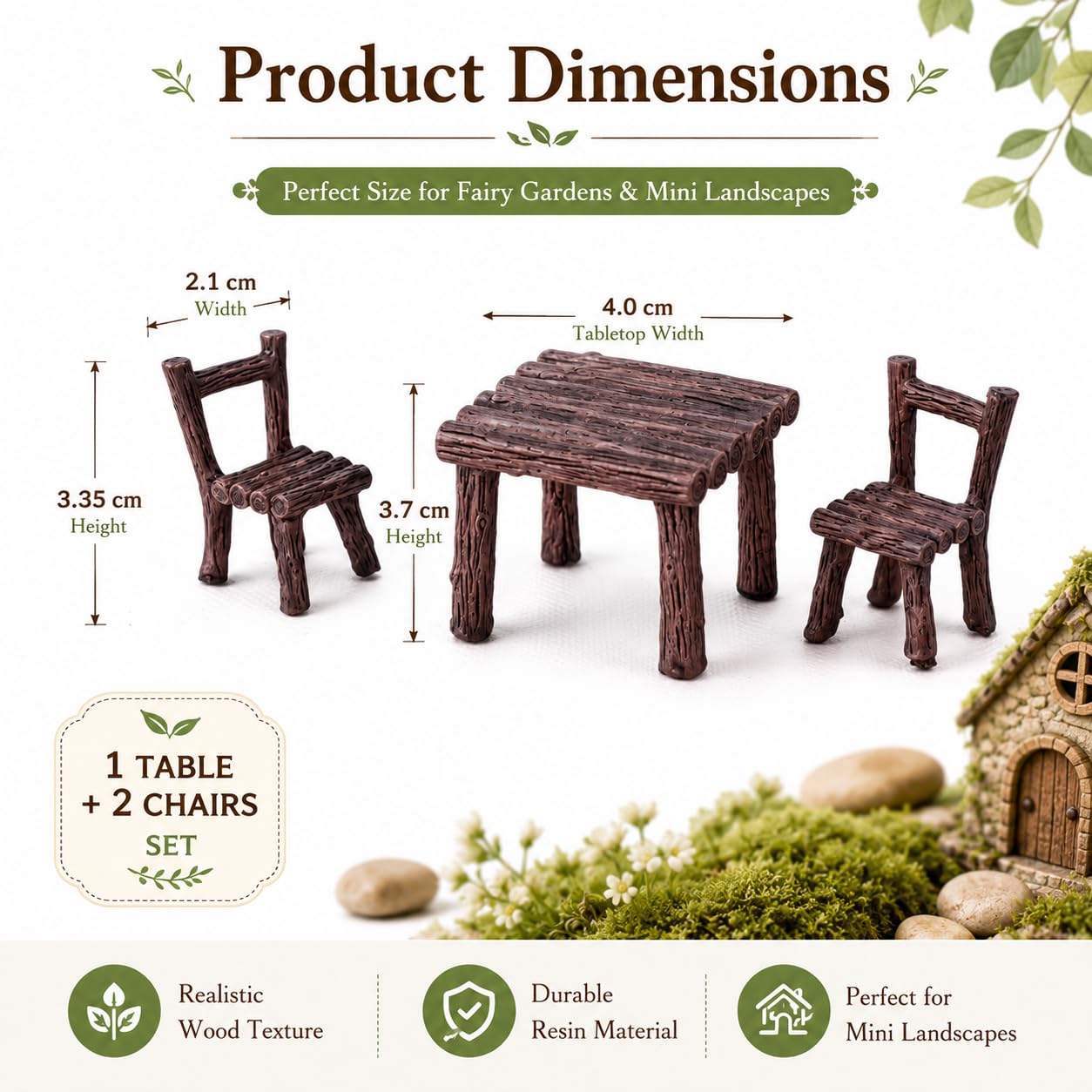 Miniature Furniture Set, Mini Table and Chairs, Wooden Garden Decor for Tiny Houses, Micro Landscape Accessories (A-1)