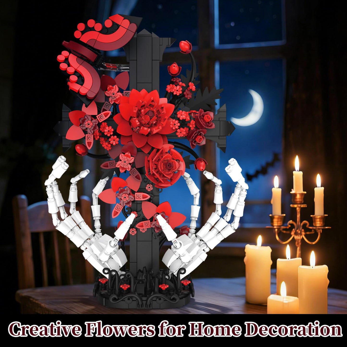 HIGH GODO Skull Flowers Rose Building Set with Skull Hand, Horror Gothic Rose Home Office Decor with Cross, Halloween Fathers Day Birthday Gifts