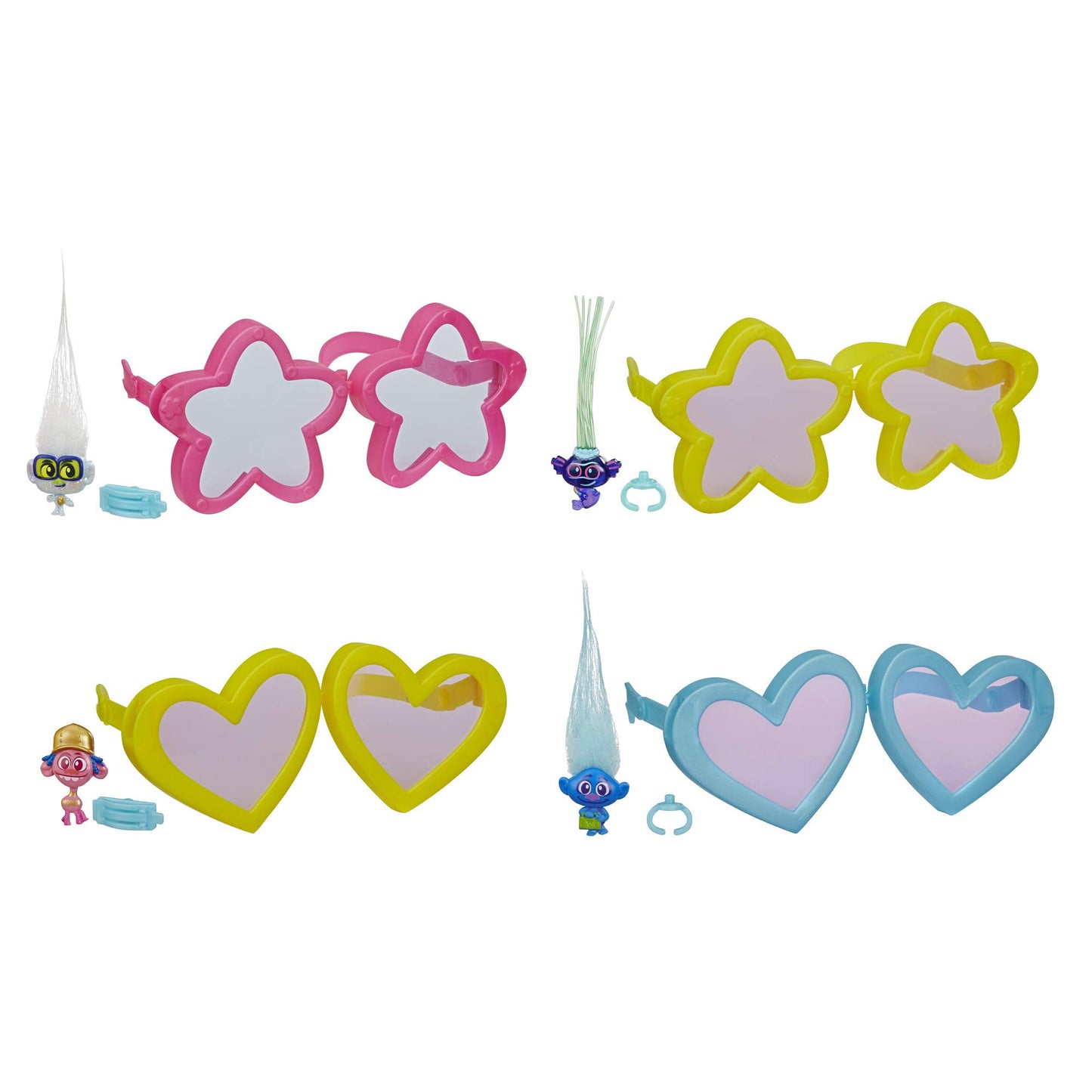 Trolls DreamWorks World Tour Tiny Dancers Surprise 4-Pack Series 1, Tiny Dancers Dolls, Clips, Rings, and Glasses, Toy for Kids 4 and Up (E9133)