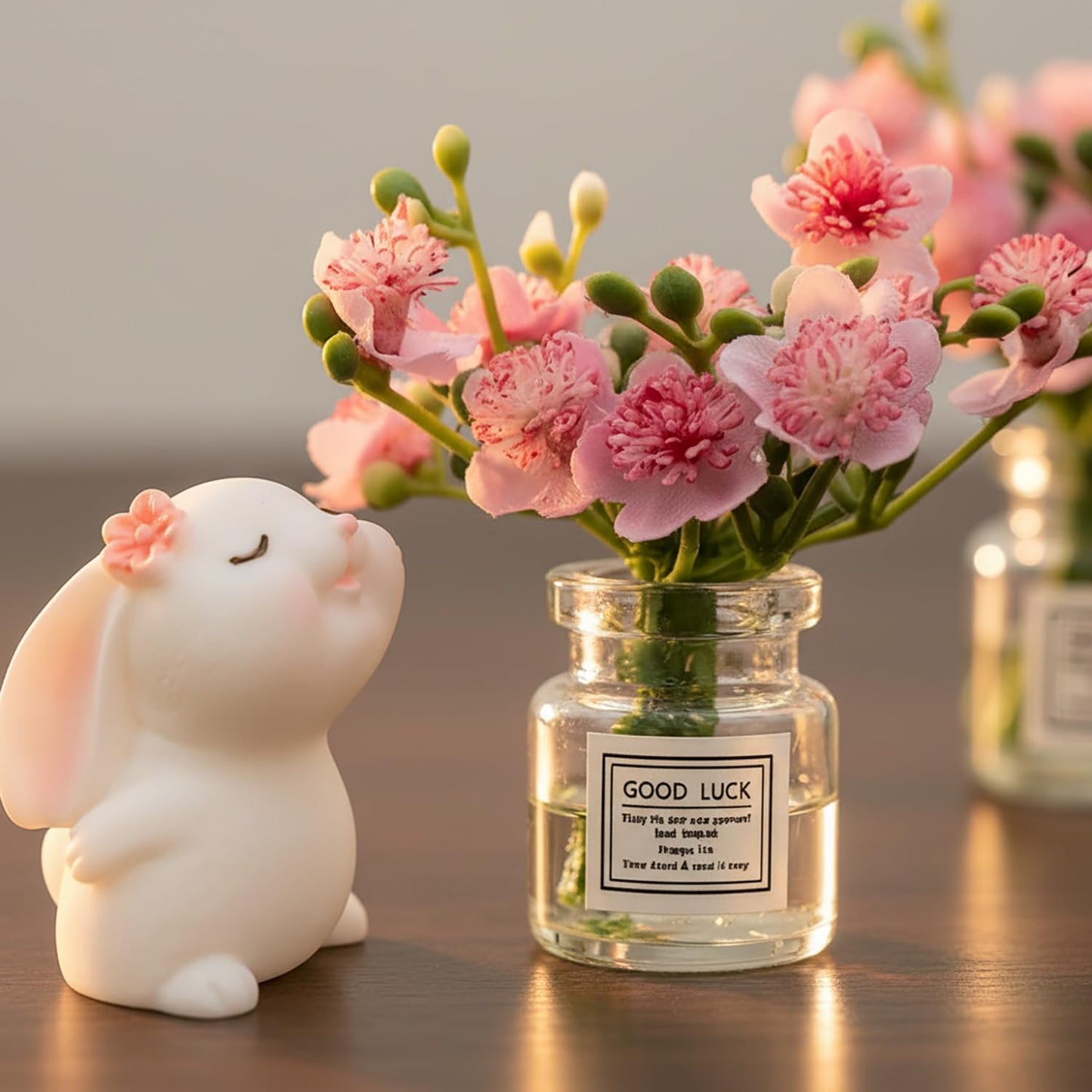 2Sets Dollhouse Miniature Flower in Vase and Rabbits, 1:12 Scale Dollhouse Miniature Decor, Car Decoration,Spring Peach Blossom,2 in.