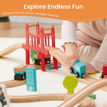 Tiny Land 39 Pcs Wooden Train Set for Toddler with Wooden Tracks