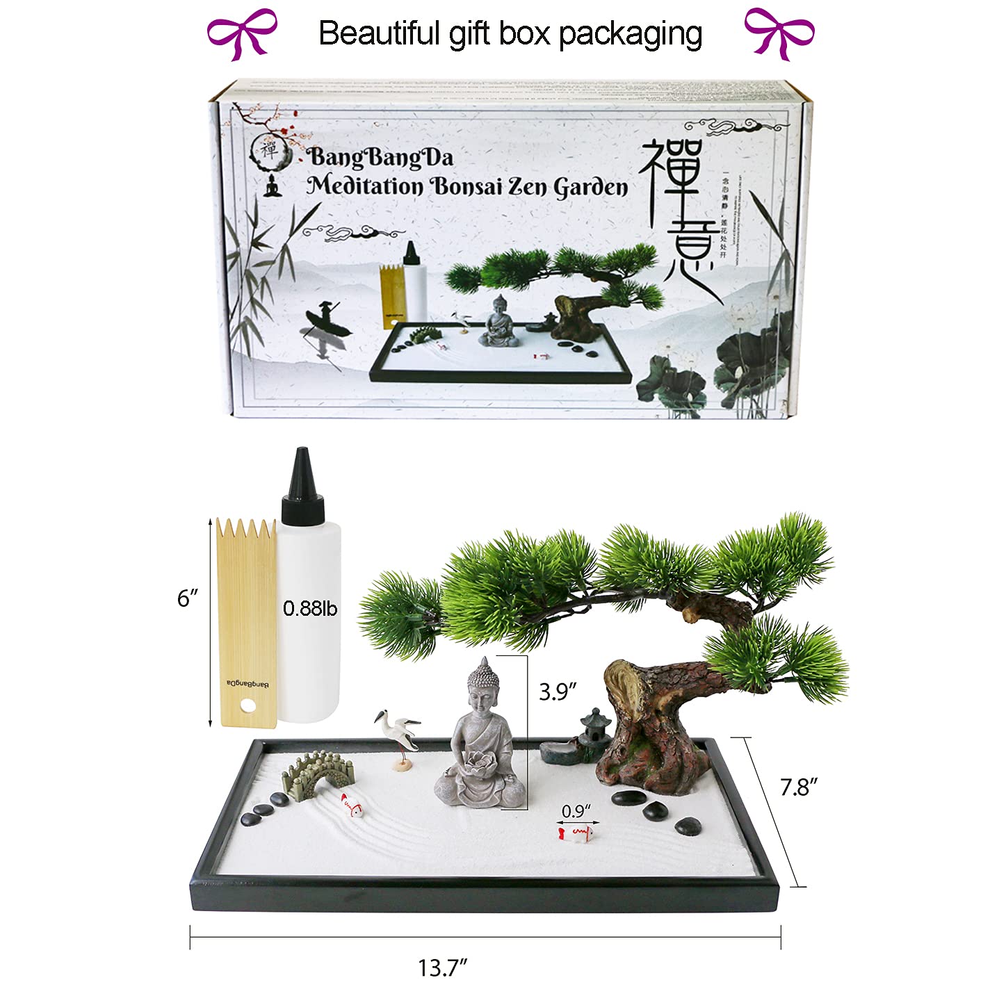 BangBangDa Japanese Zen Garden Kit for Desk - Meditation Rock Sand Garden for Birthday Gift Office Home Desktop Relaxation Decor Bamboo Rakes Bonsai