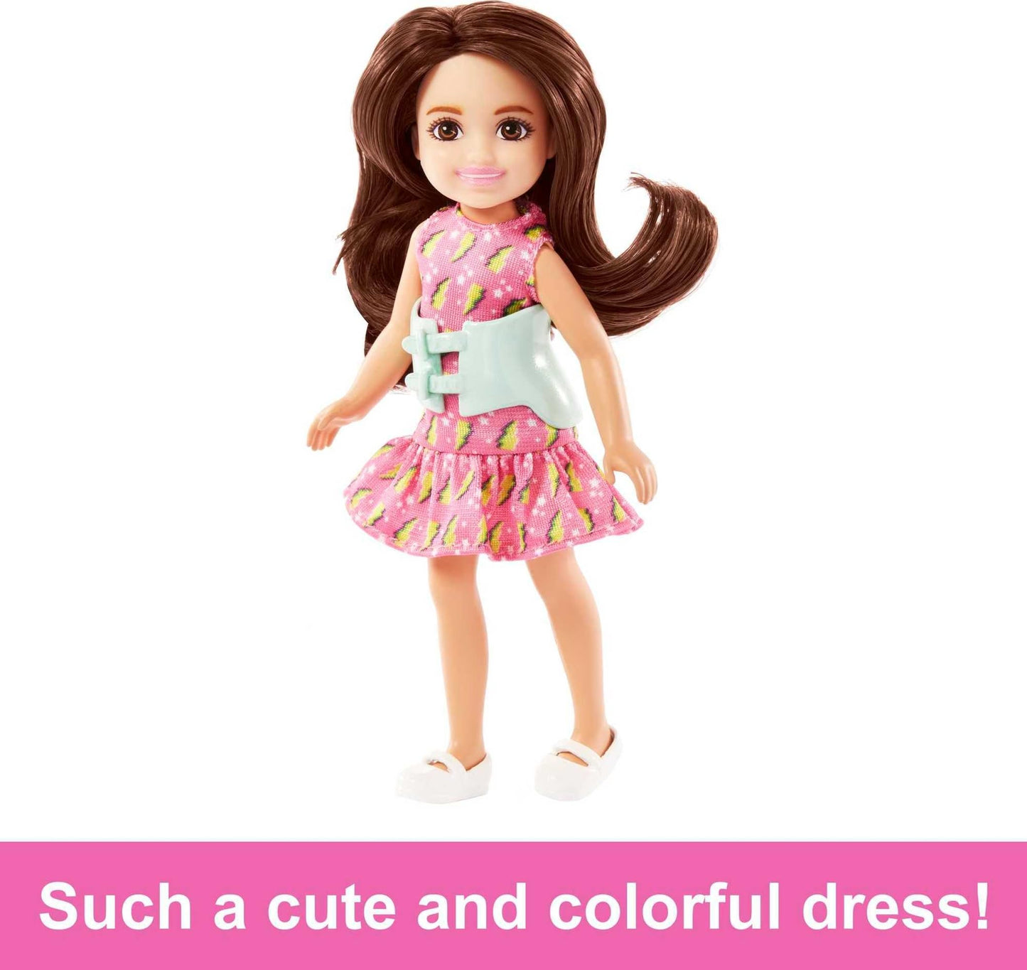 Barbie Chelsea Doll, Small Doll with Brace for Scoliosis Spine Curvature, Brunette Wearing Pink Lightning Bolt Dress