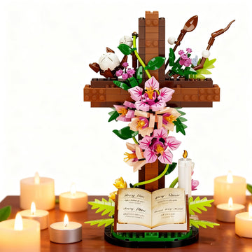 SHAIMIOU The Cross Flower Building Block Set,Faithful Blossoms DIY Plastic Bricks Religious Easter Resurrection Home Decor for Believer Adult